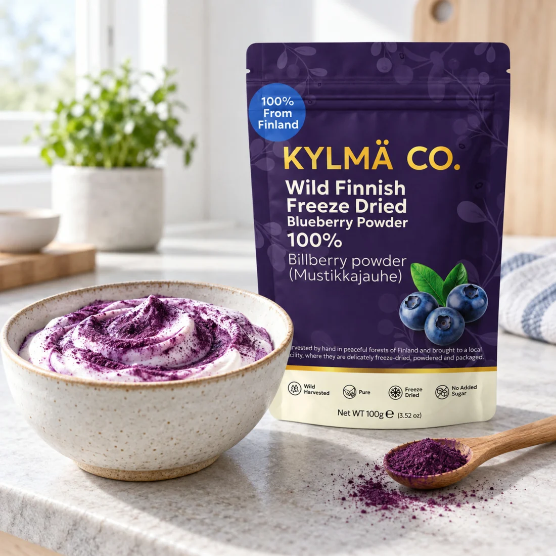 Bilberry powder, yoghurt and berries on a breakfast table